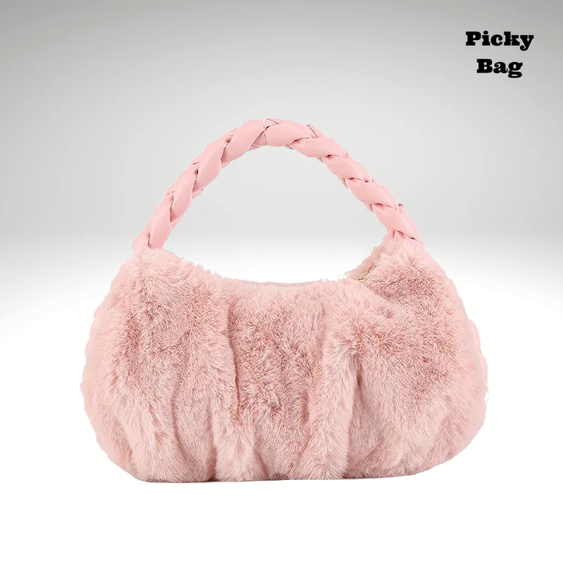 Sac à main en forme de banane pour femme en moumoute rose