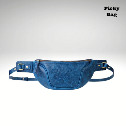 Sac banane en cuir bandoulière homme bleu avec des fleurs